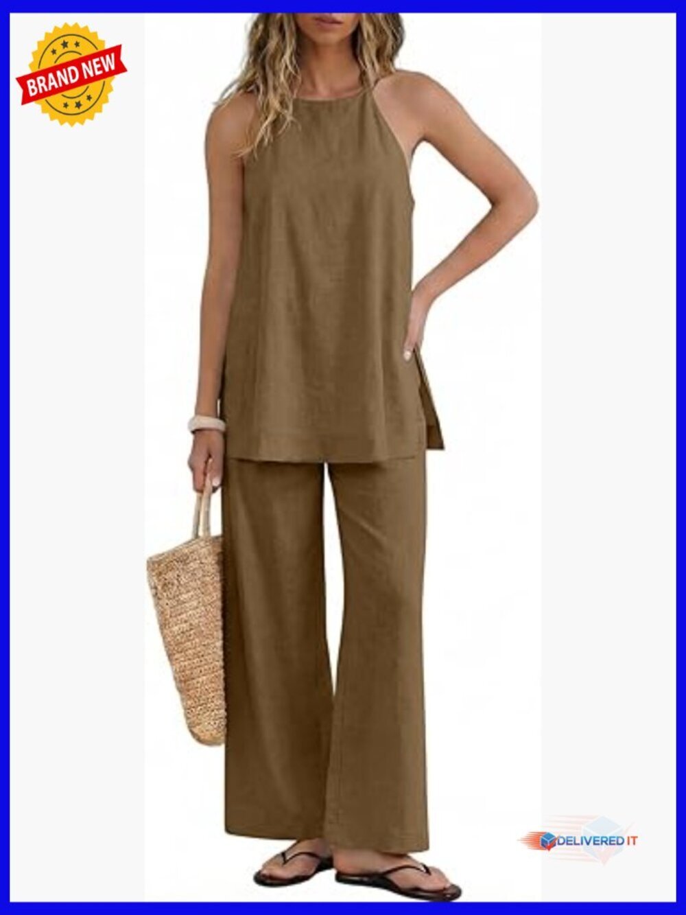 2 Piece Linen Outfit Halter Neck Sleeveless Side Split Top Wide Leg Pants Set